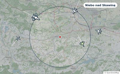 Mapa okolic miasta z sylwetkami samolotów — Niebo nad Skawiną