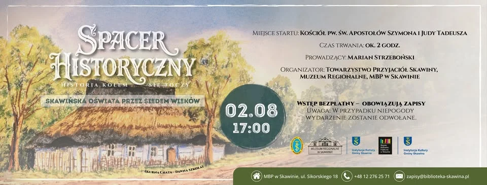 Grafika promocyjna wydarzenia Spacer historyczny: historia kołem się toczy. Siedem wieków oświaty