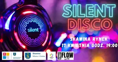 Grafika promocyjna wydarzenia Silent DISCO Skawina — impreza na Rynku 17 kwietnia
