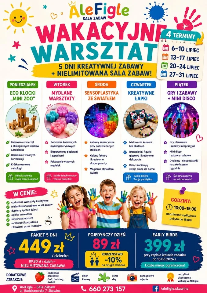 Grafika promocyjna wydarzenia Wakacyjne warsztaty w AleFigle w Skawinie — kreatywne lato dla dzieci