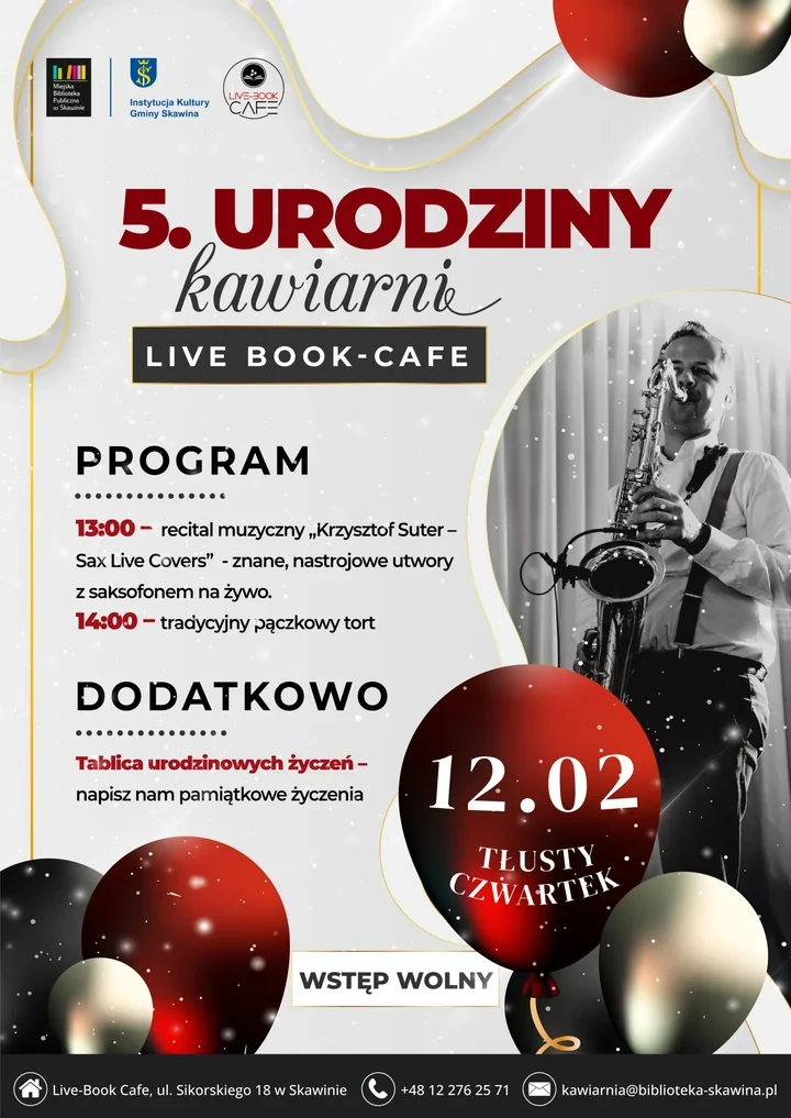 Pięć lat Live-Book Cafe w Skawinie - saksofon, pączki i urodzinowy nastrój